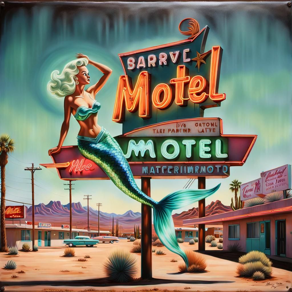 1950s Mermaid Motel Neon Sign in Desert