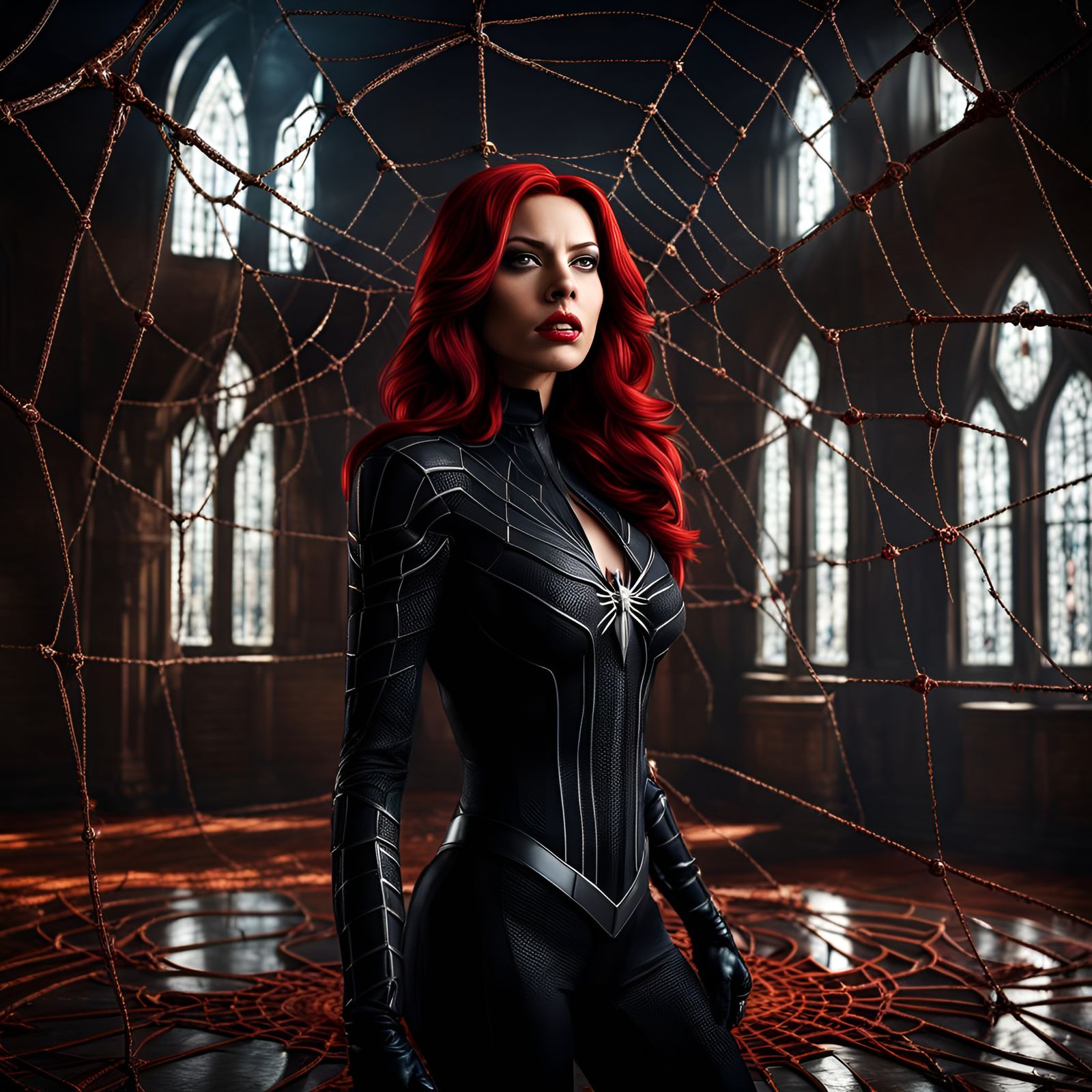 Gothic Spider Woman in Web Castle Digital Painting