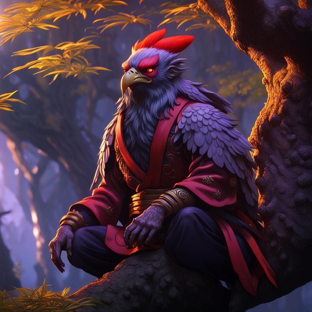 Tengu in Tree: Dark Fantasy Concept Art