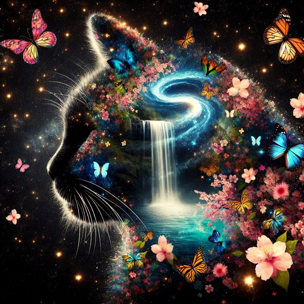 Butterfly and Galaxy Cat Double Exposure