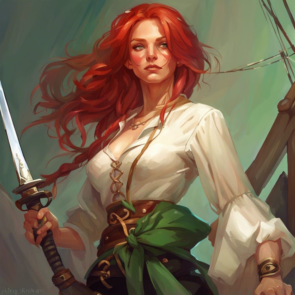 Beautiful Pirate Princess Climbing Rope: Digital Art Portrai...