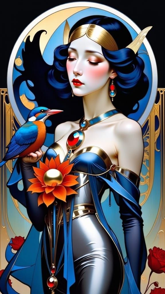 Art Nouveau Maiden with Kingfisher Bird