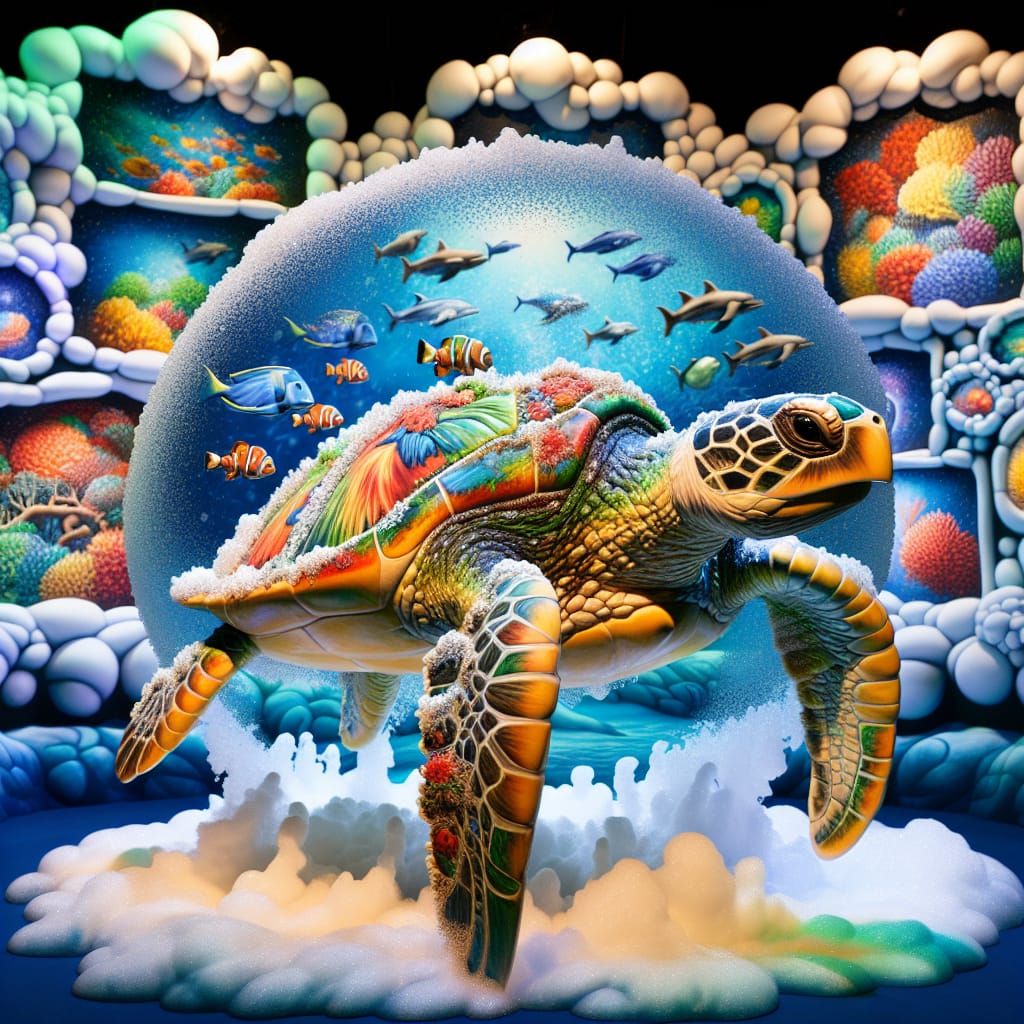 Vibrant Turtle in Shimmering Crystal Shell Surrounded by Mar...