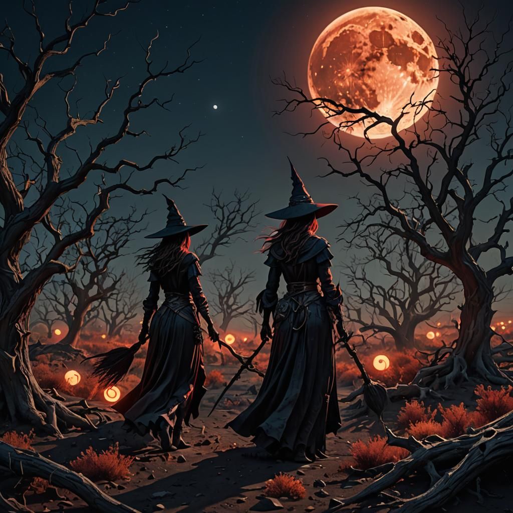 Sensual Witch Under Bloody Moon: Dark Fantasy Art