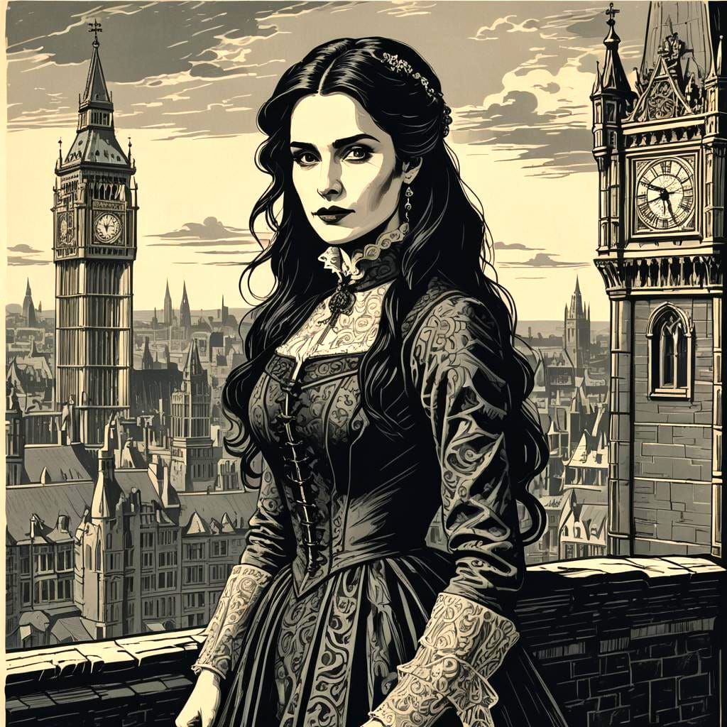 Mina Murray Overlooking London: Woodcut Style Portrait