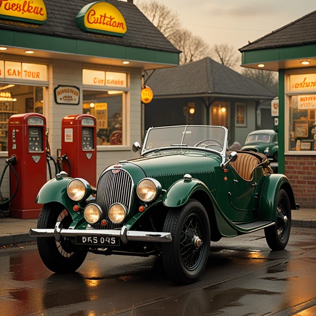 British Racing Green Morgan at 1950s Gas Station