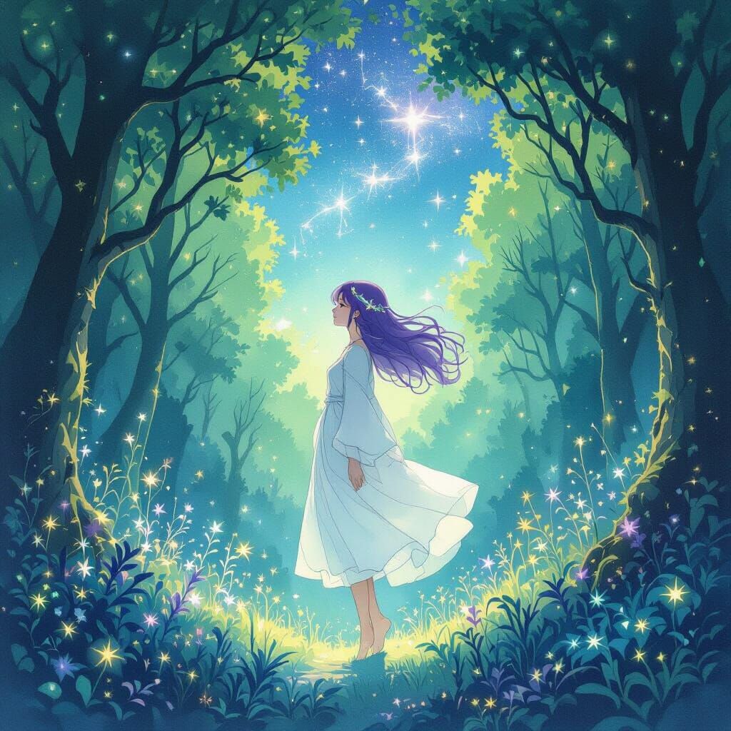 Ethereal Woman in Bioluminescent Forest: Watercolor Style