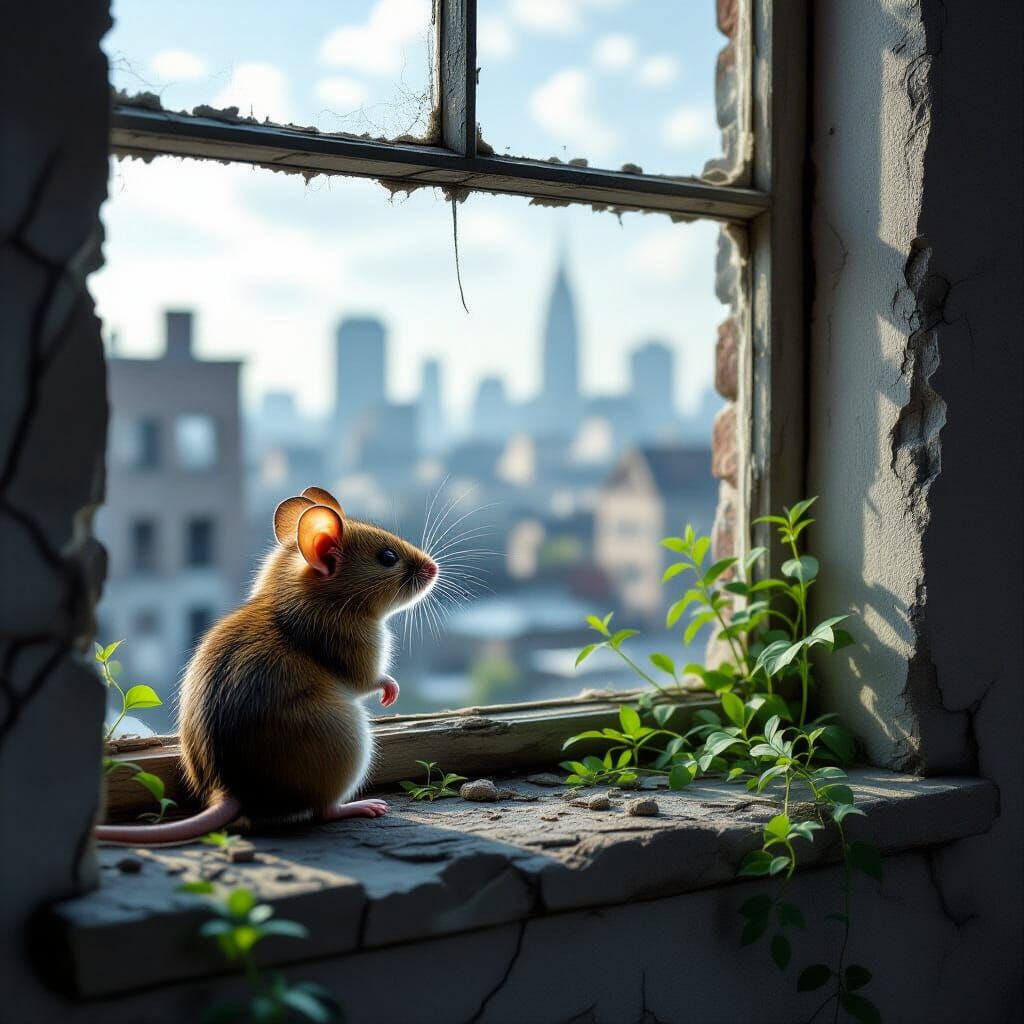 Melancholic Mouse Overlooks Overgrown Cityscape