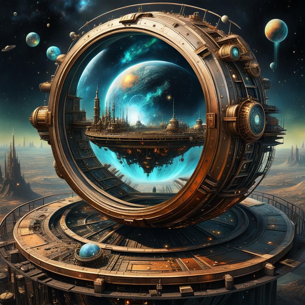 Steampunk Space Colony in Magical Realism Style