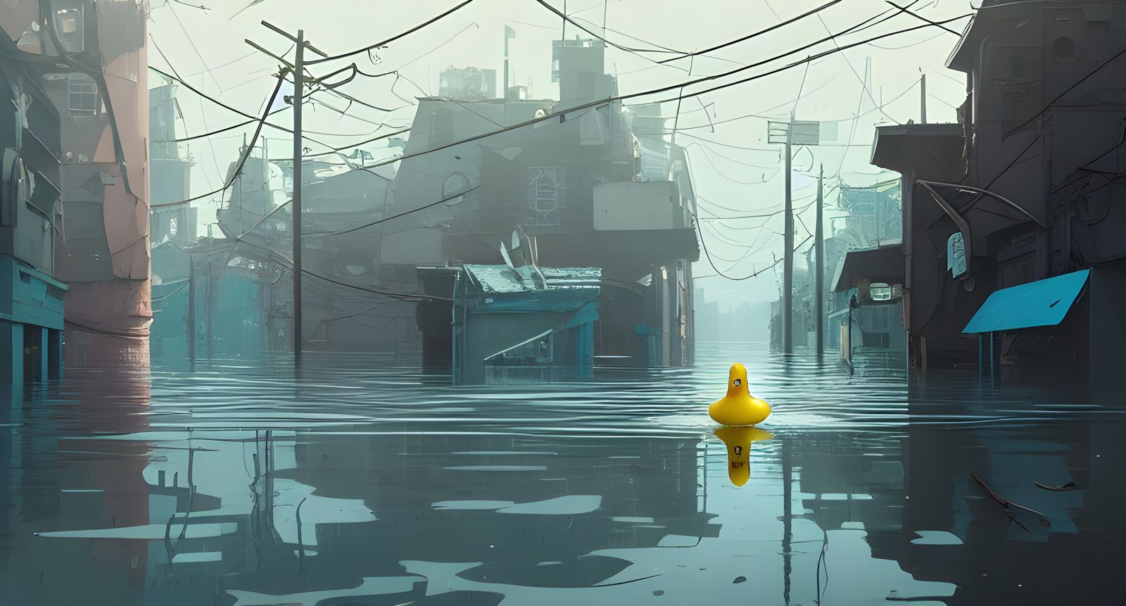 Derelict Flooded Cityscape with Rubber Duck
