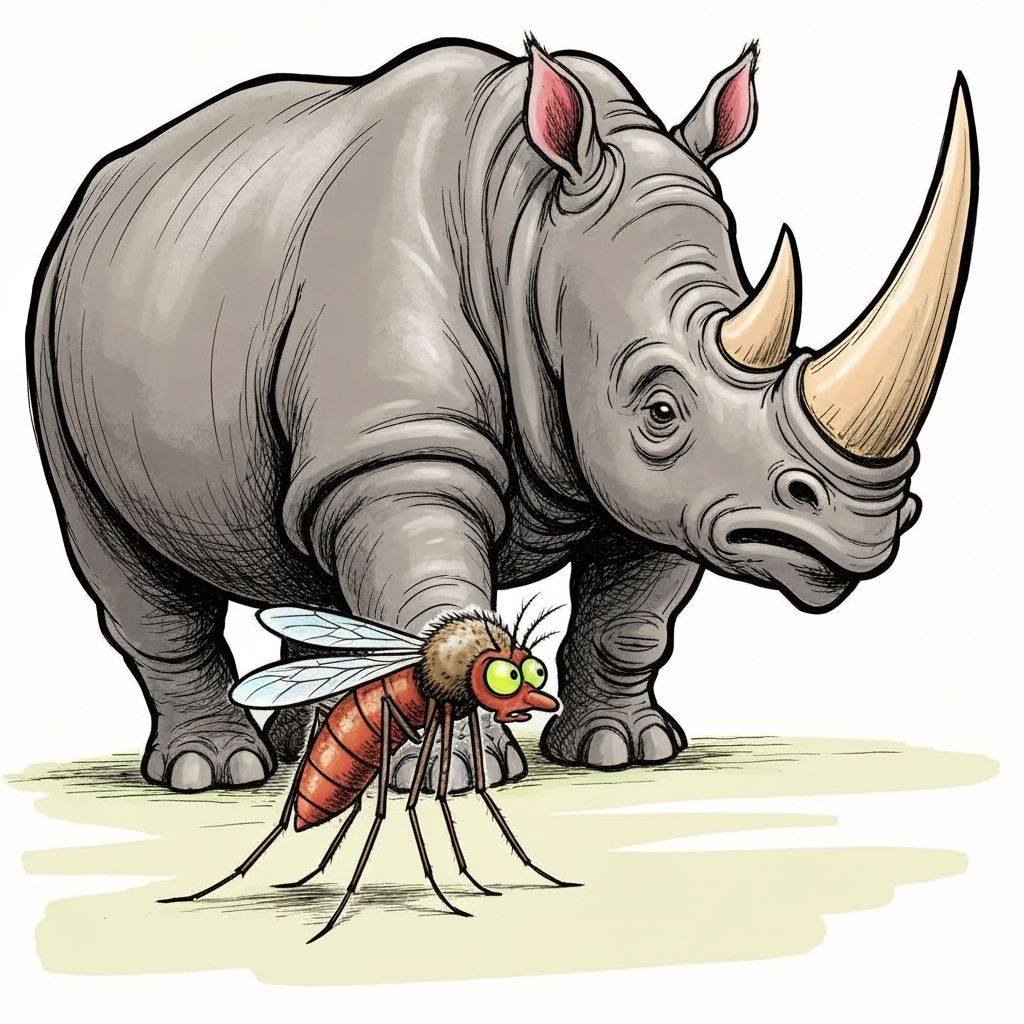 Mosquito Sneaks Up on Giant Rhino in Children's Book Style