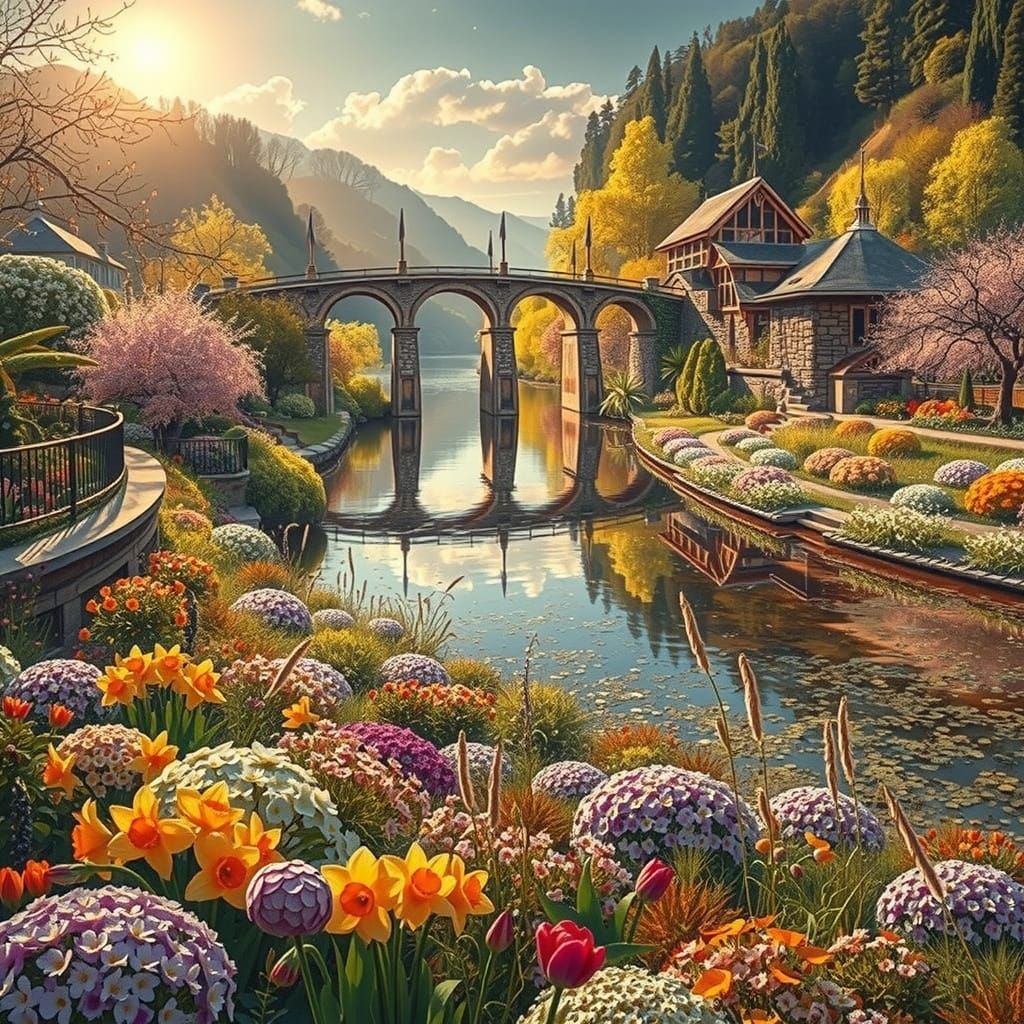 Spring Riverbank Scene in Impressionist Style