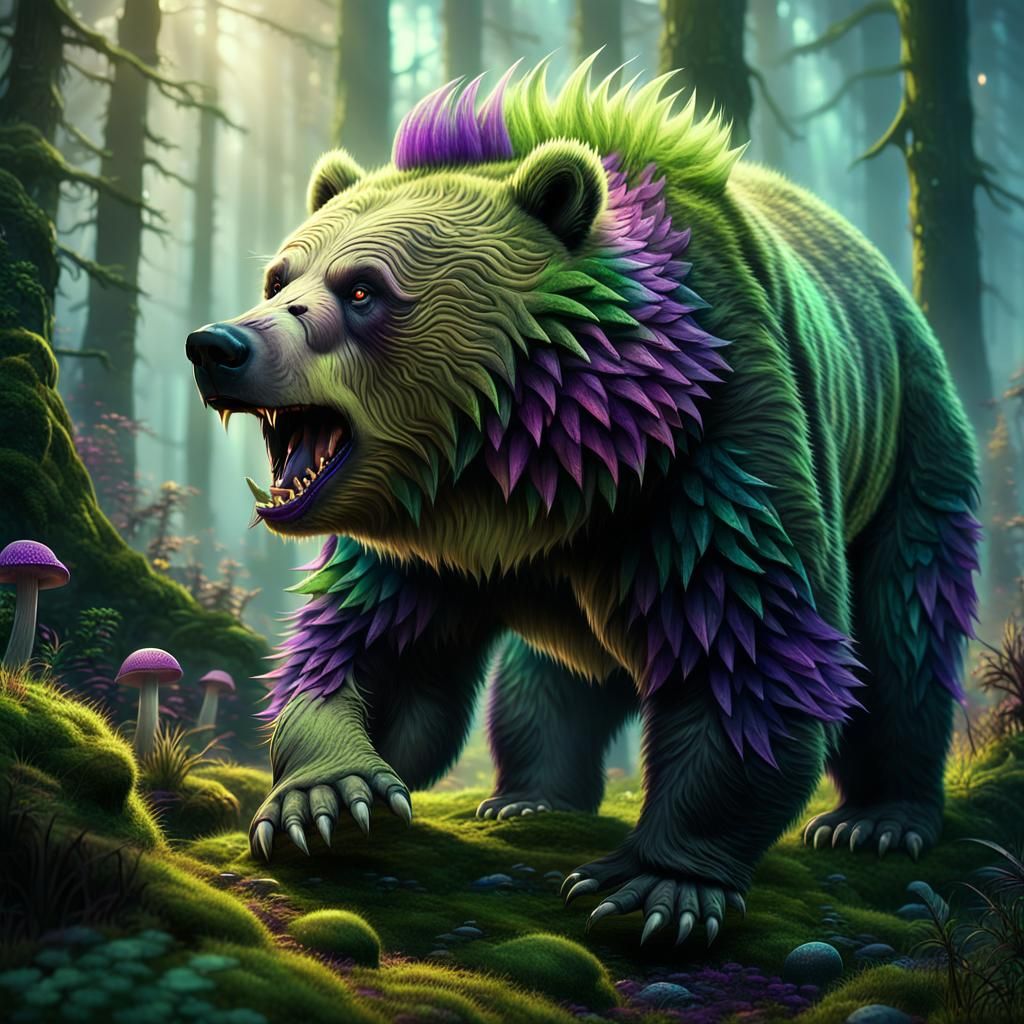 Moss Covered Grizzly Bear with Mohawk in Forest