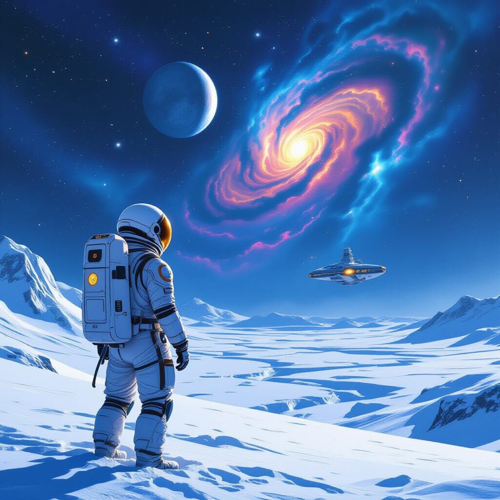 Astronaut on Alien Planet Gazing at Nebula