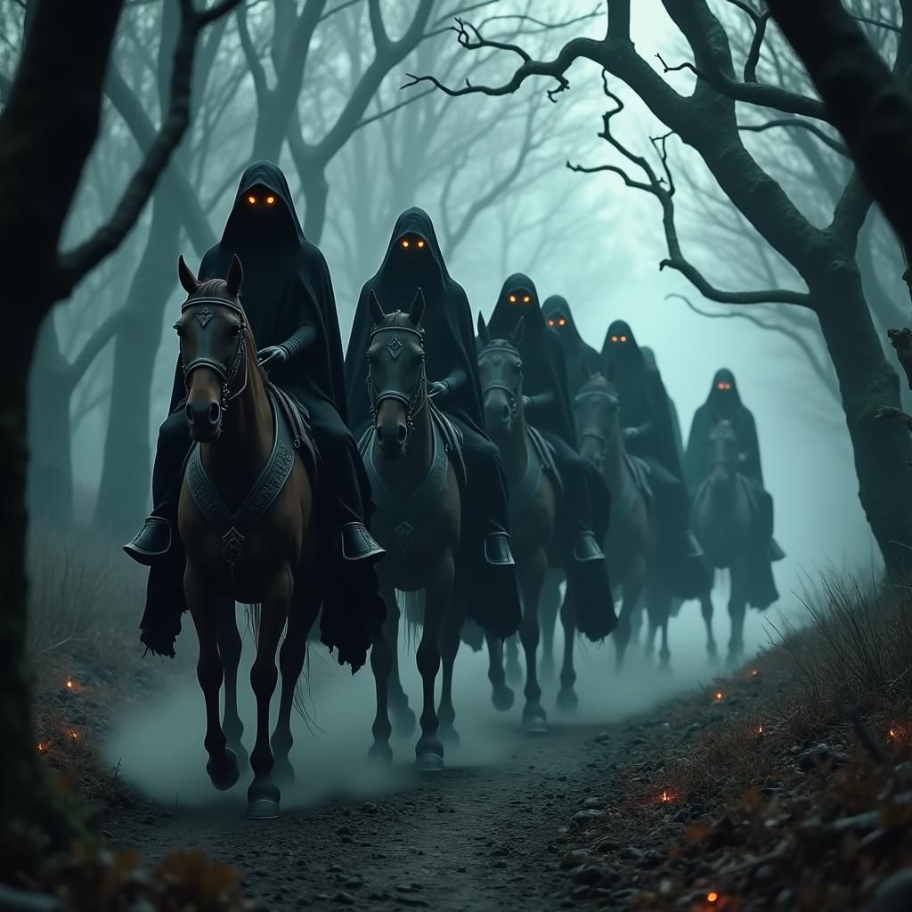Nazgûl Riders in Dark Forest, Fantasy Horror Art