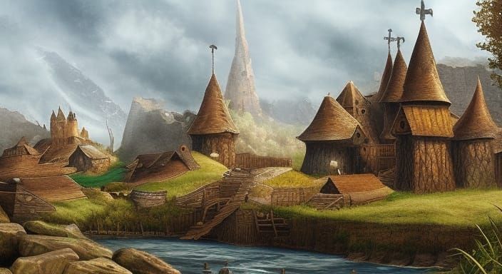 Medieval Wooden Fort by River, Fantasy Art