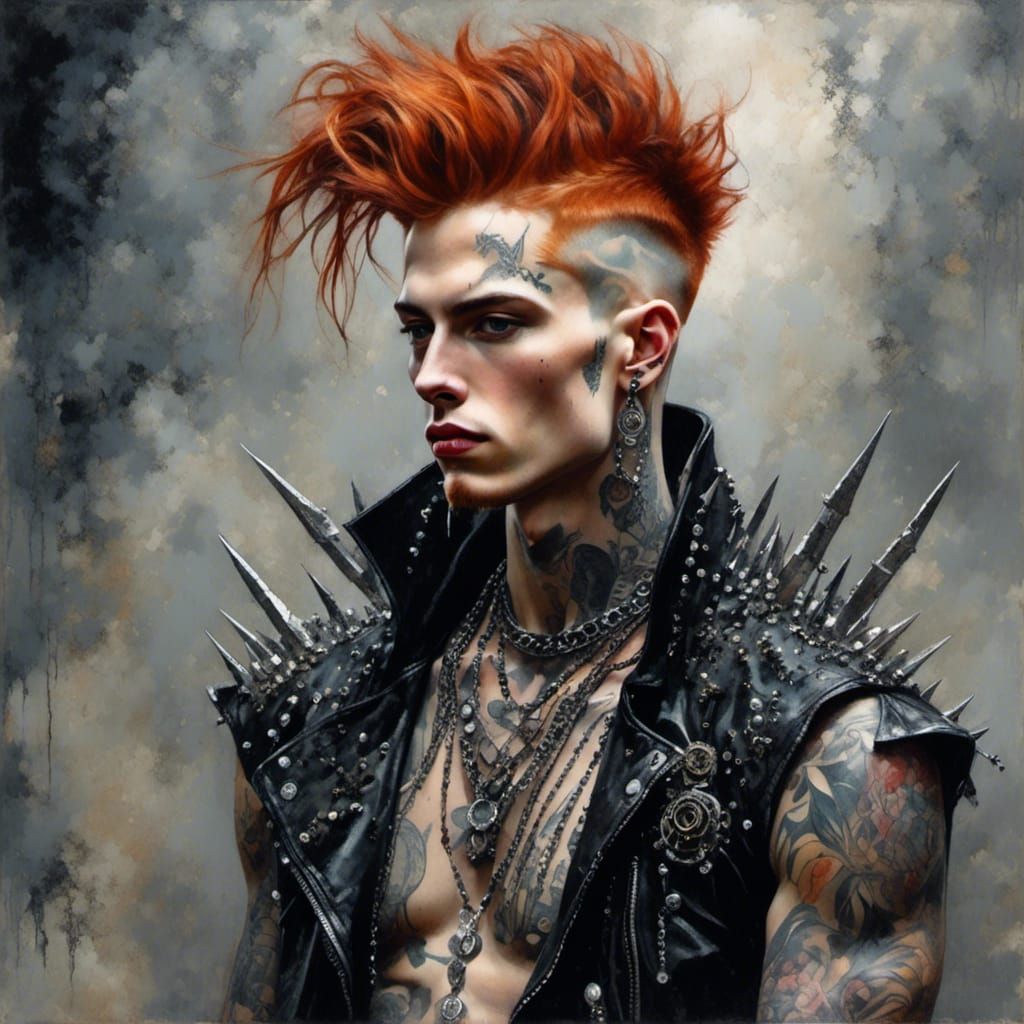 Punk Redhead with Spiked Jewelry in Watercolor Style