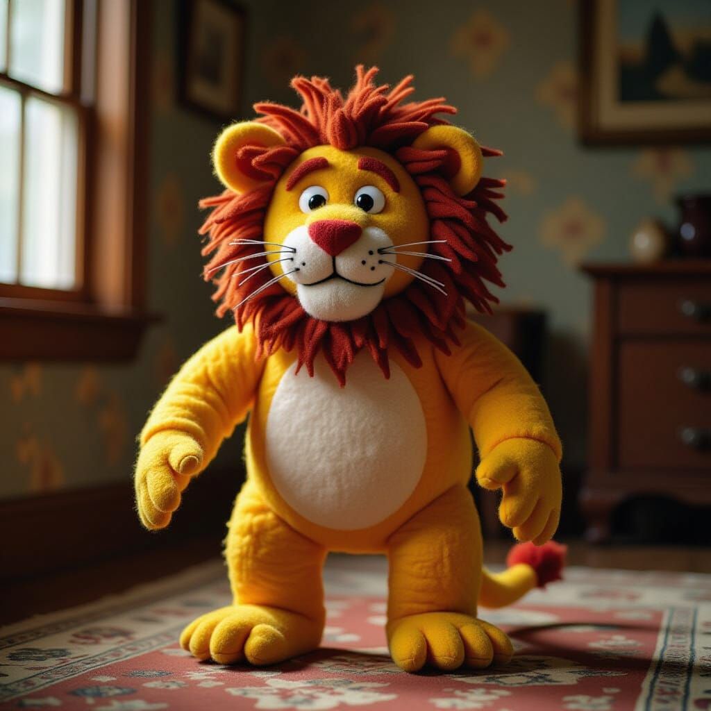 Fuzzy Felt Cowardly Lion in Cinematic Lighting