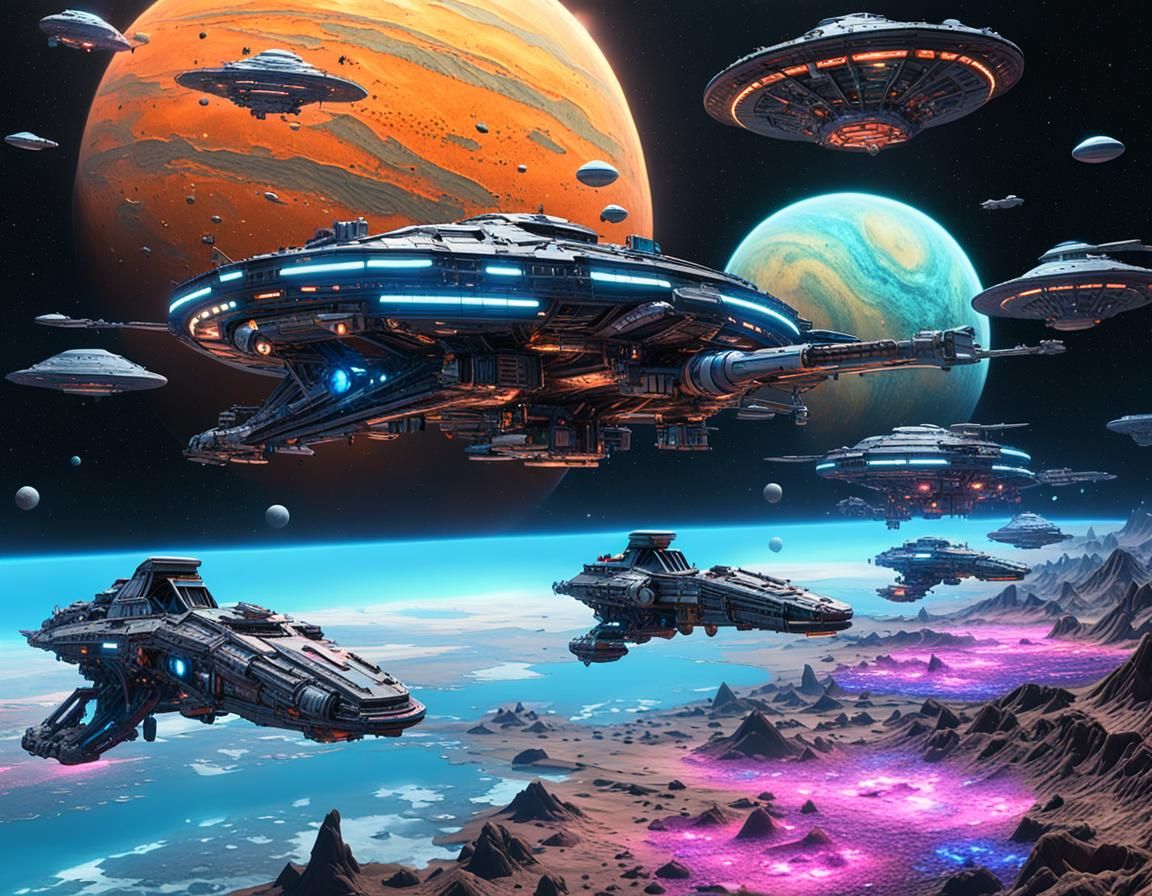 Bio-Mechanical Alien Fleet Soaring Through Space