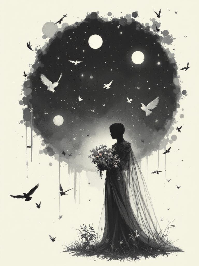 Surreal Space Masquerade with Feathers and Masks