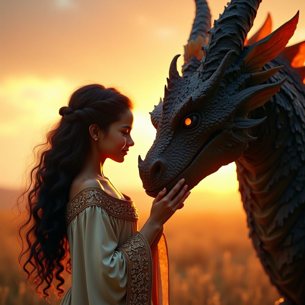 Girl and Dragon Friendship in Golden Sunset Light