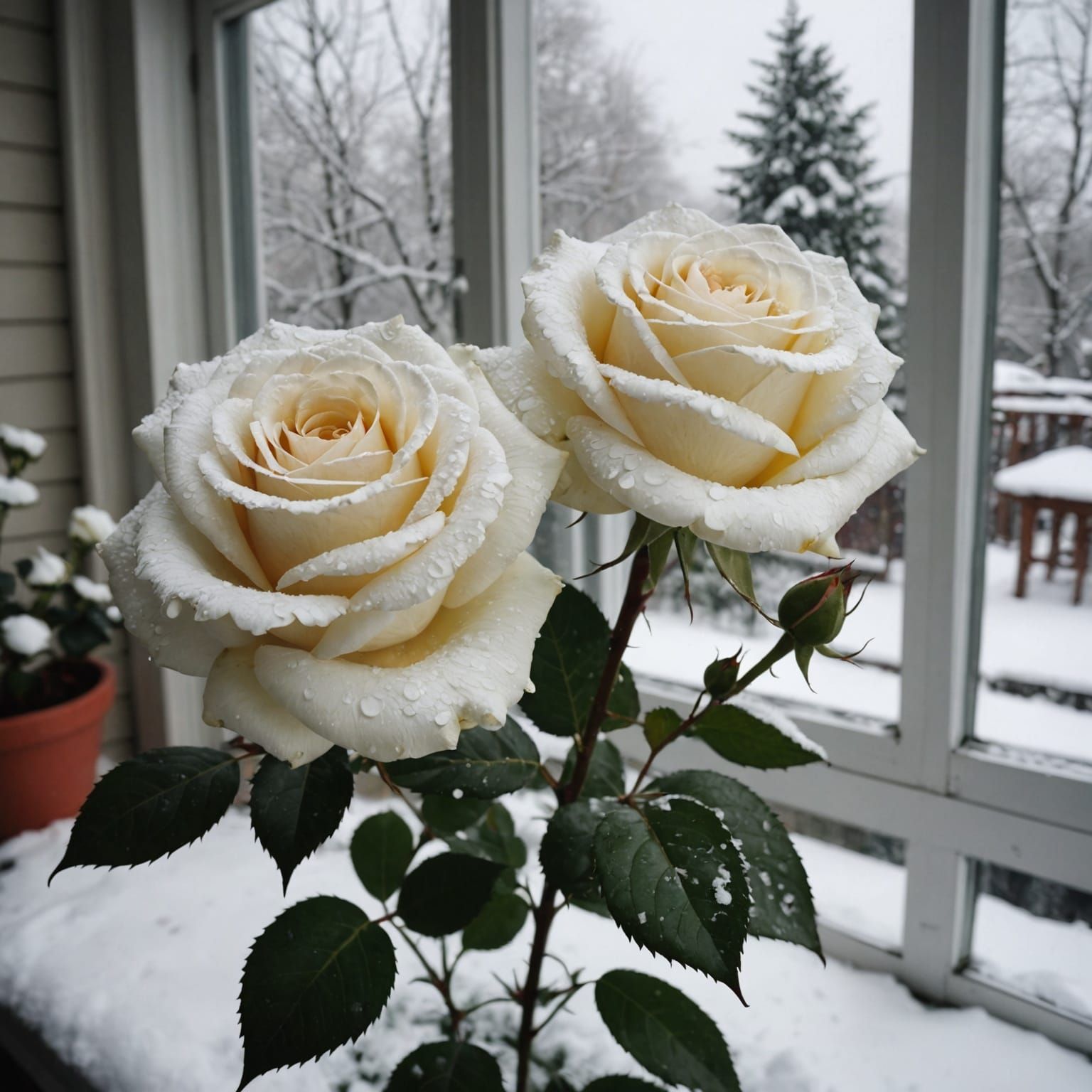 White Roses in Winter: A Cinematic Still
