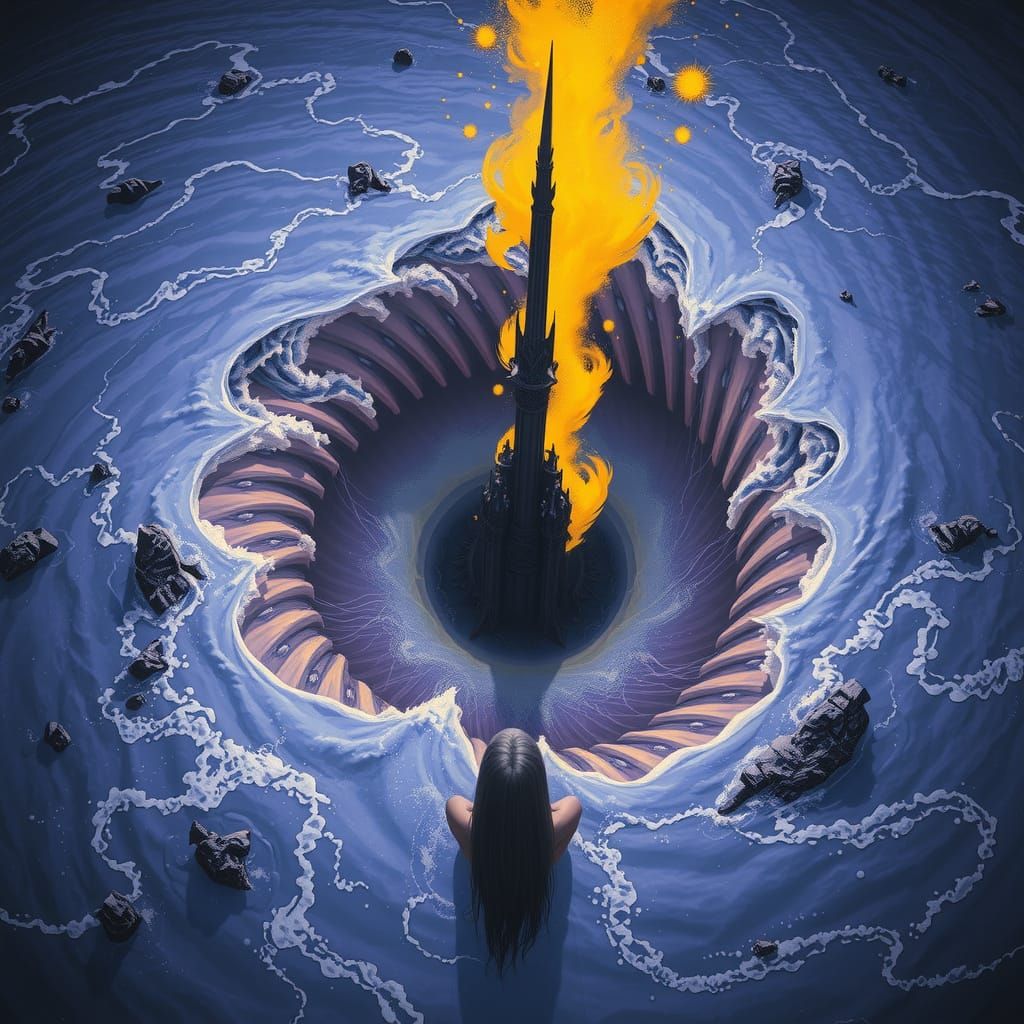 Whirlpool Engulfs Spire: Dark Fantasy Concept Art