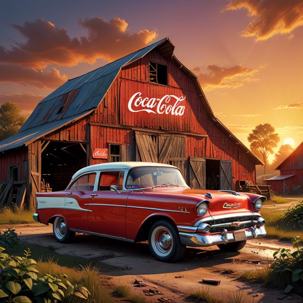 Coca-Cola Barn with 1957 Chevy in Comic Book Style