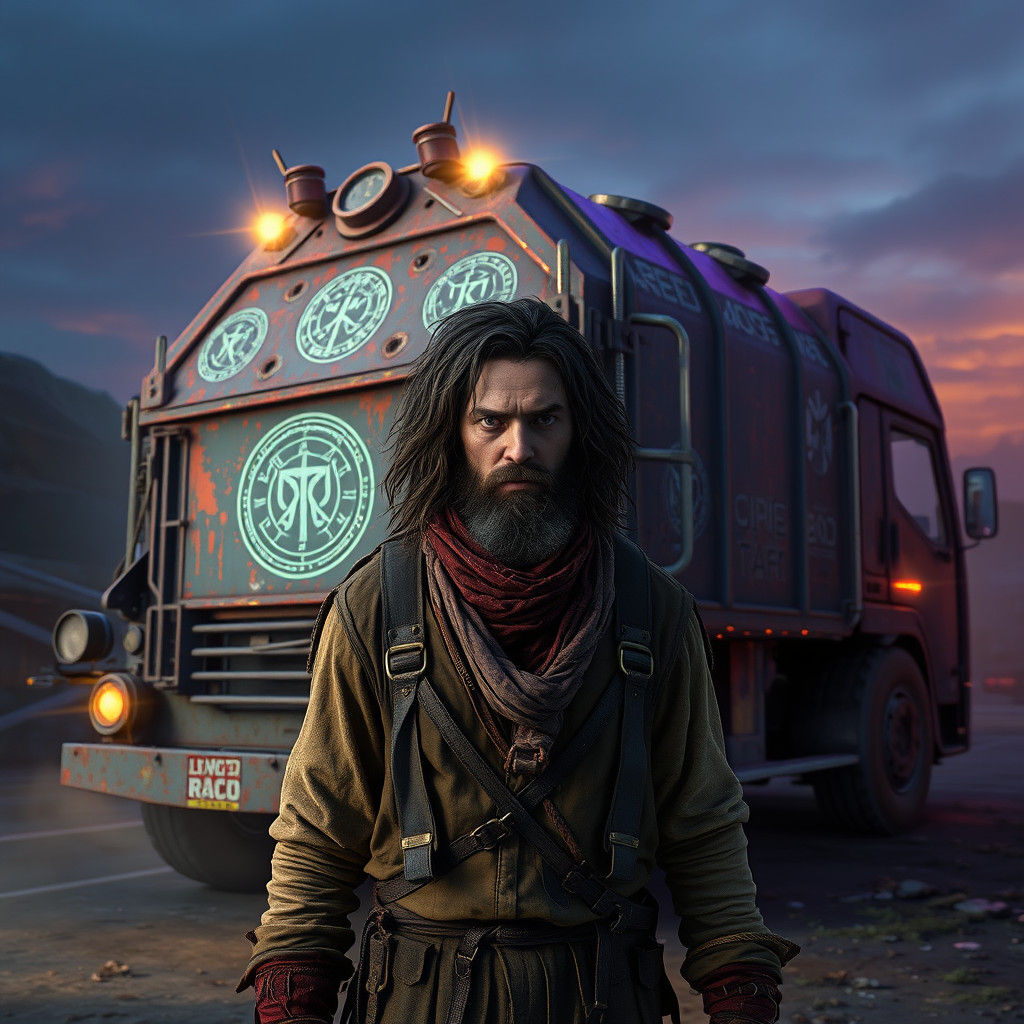 Mystical Garbage Truck in Dystopian Landscape
