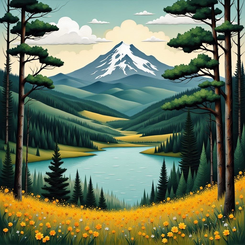 Retro Folk Art Landscape Painting with Bold Color Blocks