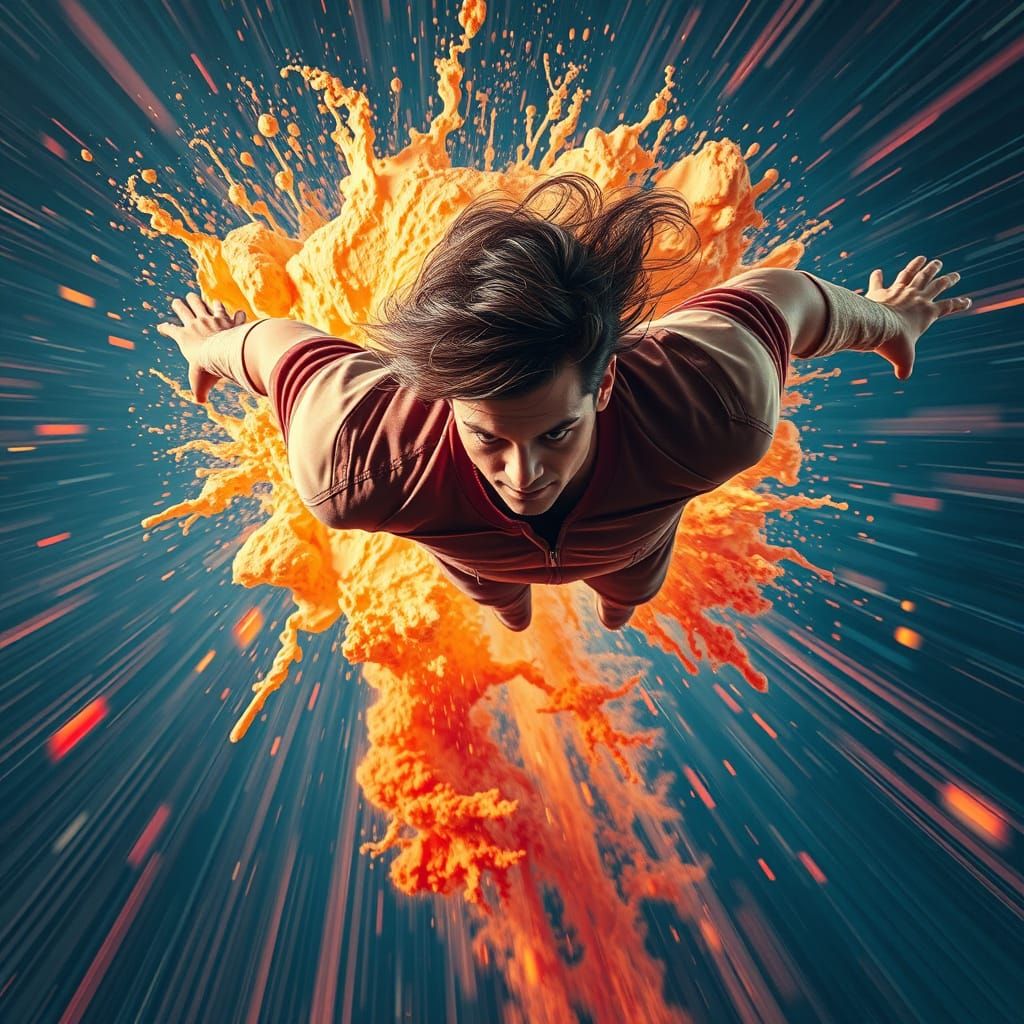 Man in Flight: Surreal Hyperrealistic Splash Art