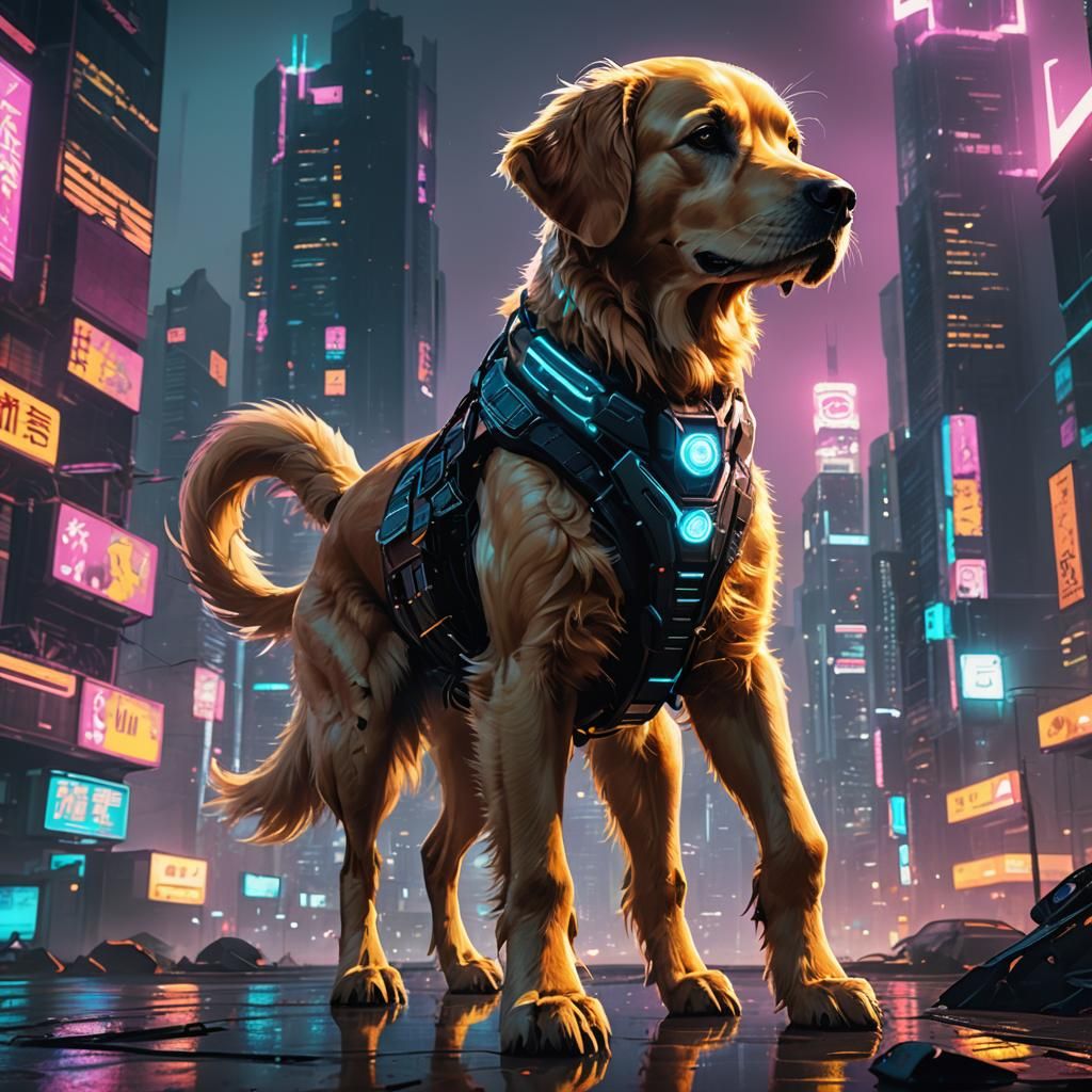 Cyberpunk Golden Retriever Scorpion in Futuristic City