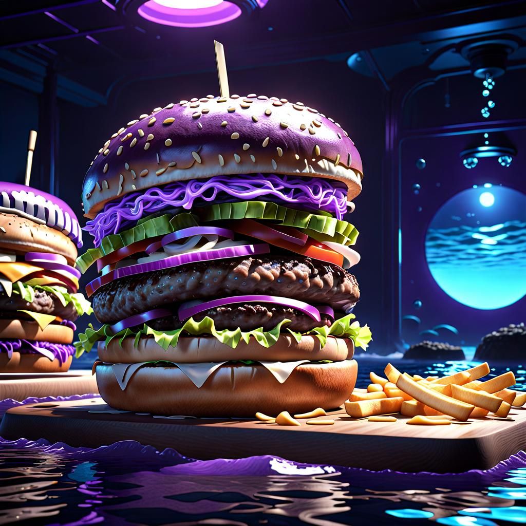 Gothic Purple Cheeseburger on Bioluminescent Ocean