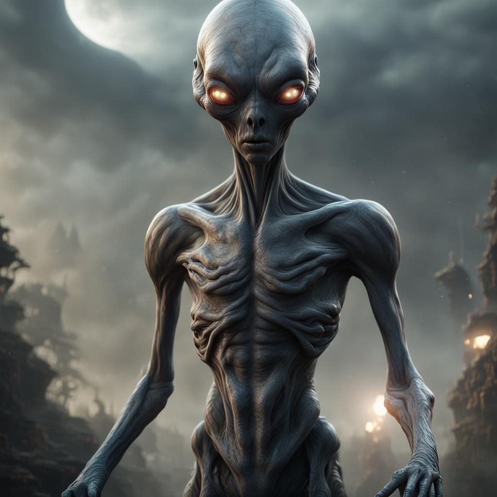 Realistic 3D Grey Alien in Detailed Matte Painting