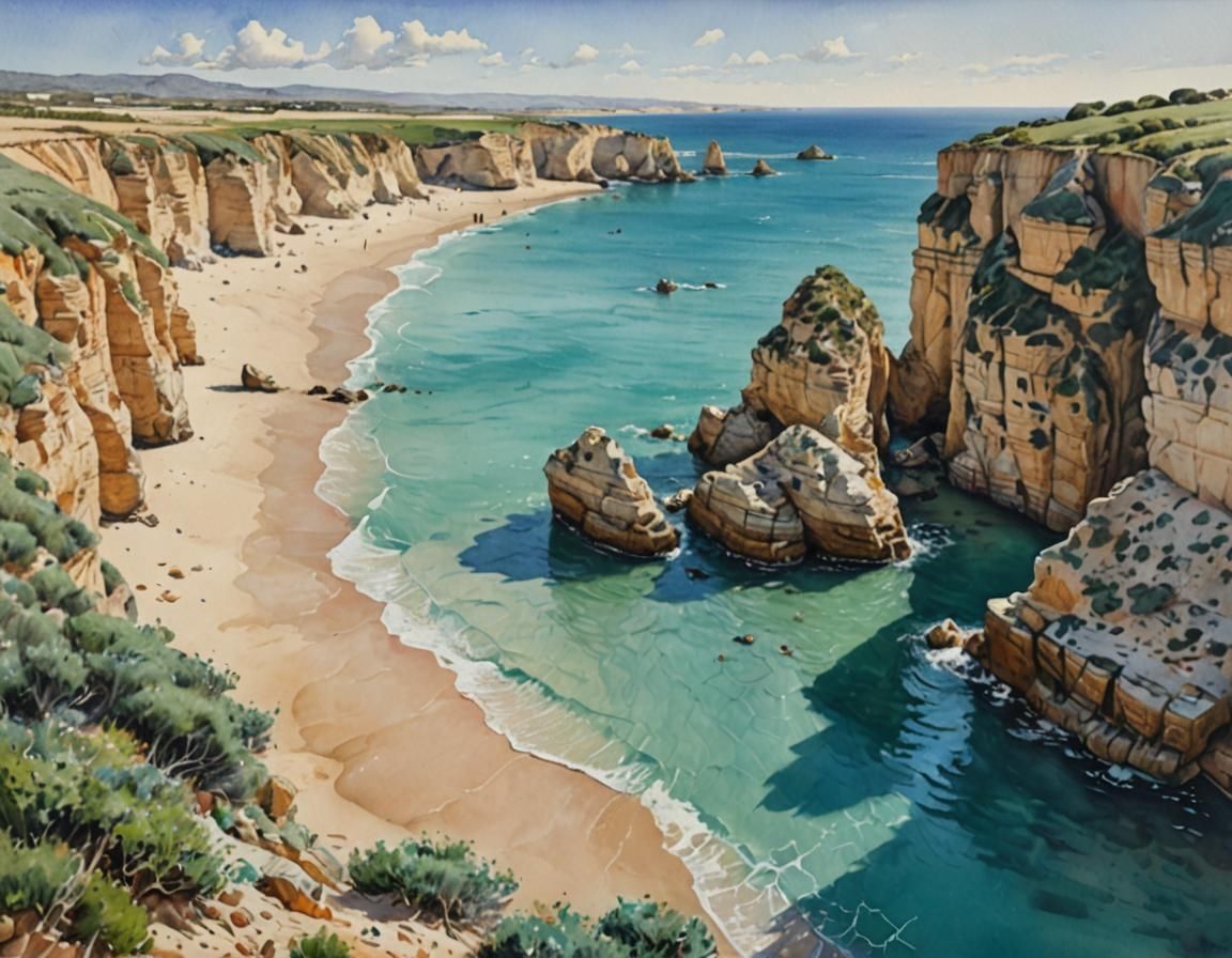 Conil Cove: A Watercolor Painting of Turquoise Waters