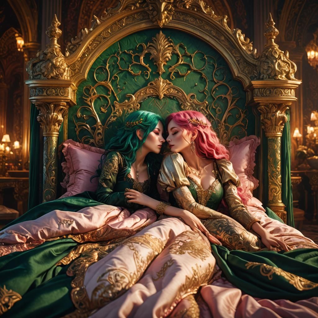 Girls Kissing in Ornate Bed, Art Nouveau Style