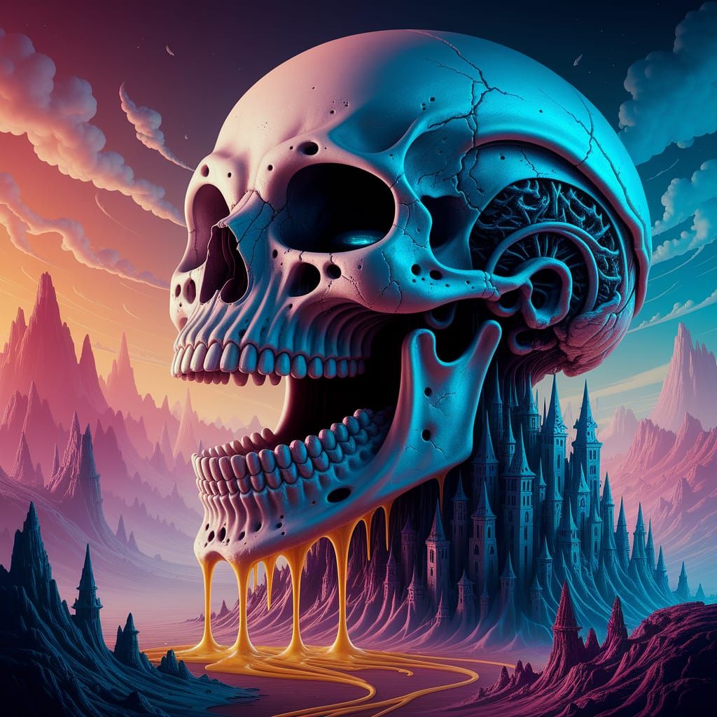 Fantasy Skull Landscape with Vibrant Villages