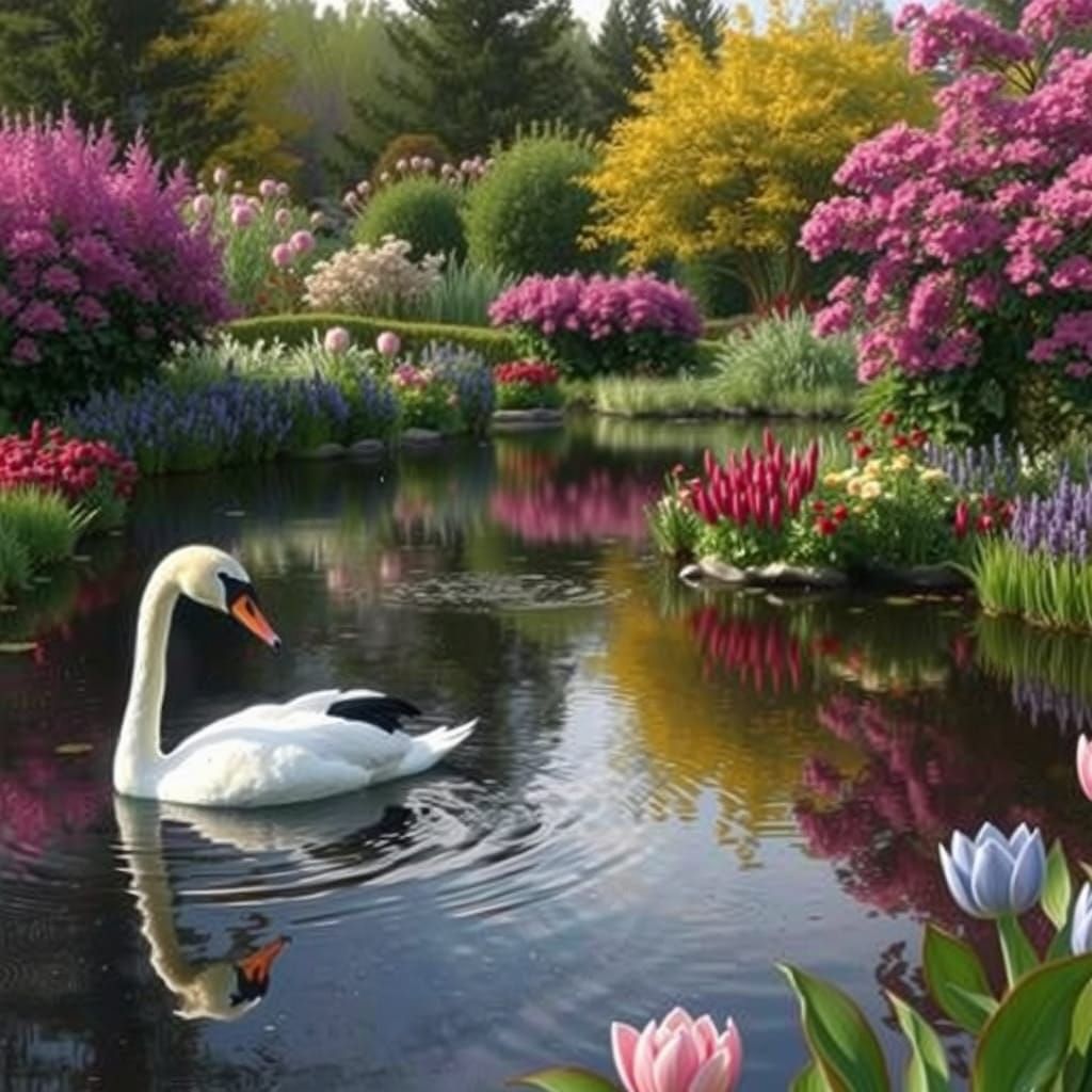Vibrant Turquoise Pond Scene with Swan and Blooming Flowers