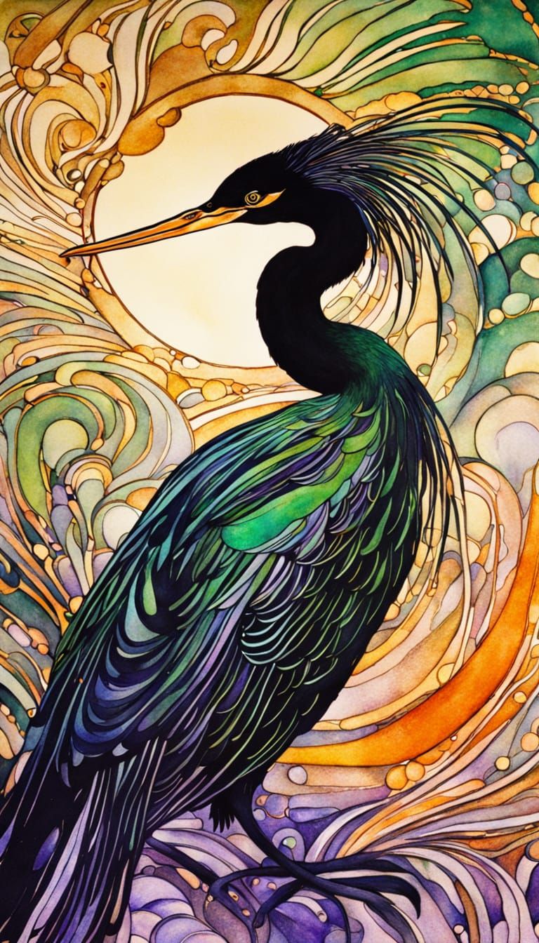 Art Nouveau Anhinga in Organic Ink Painting