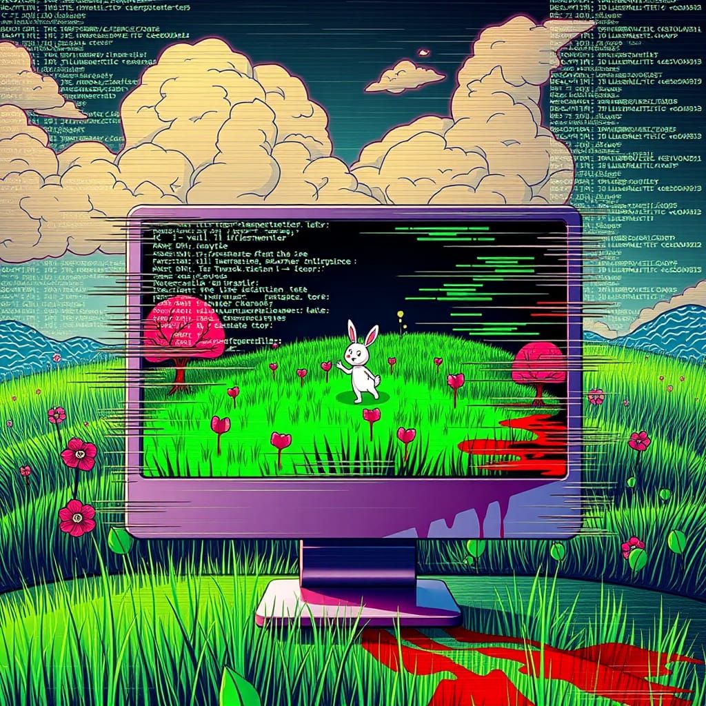 Glitchy Futuristic Scene with Cartoon Rabbit