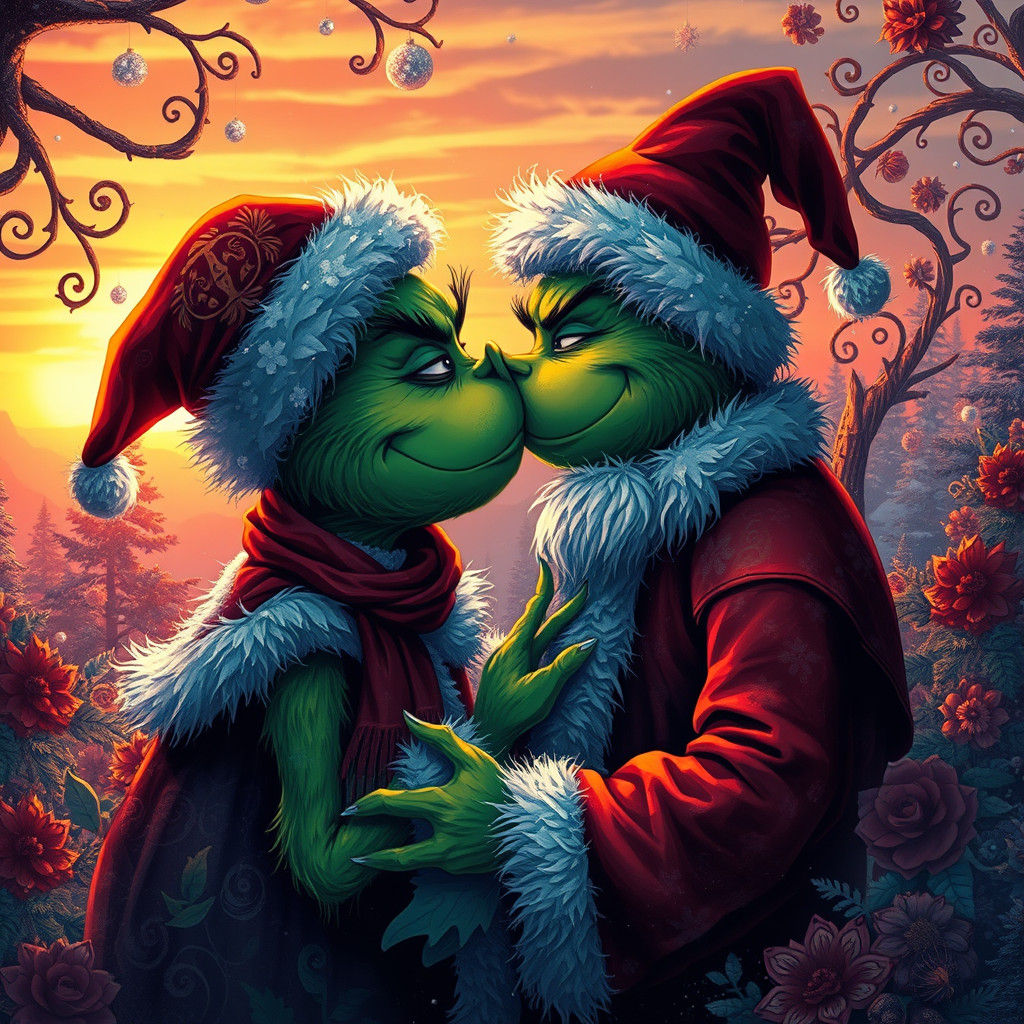 Santa and Grinch Kiss in Winter Wonderland