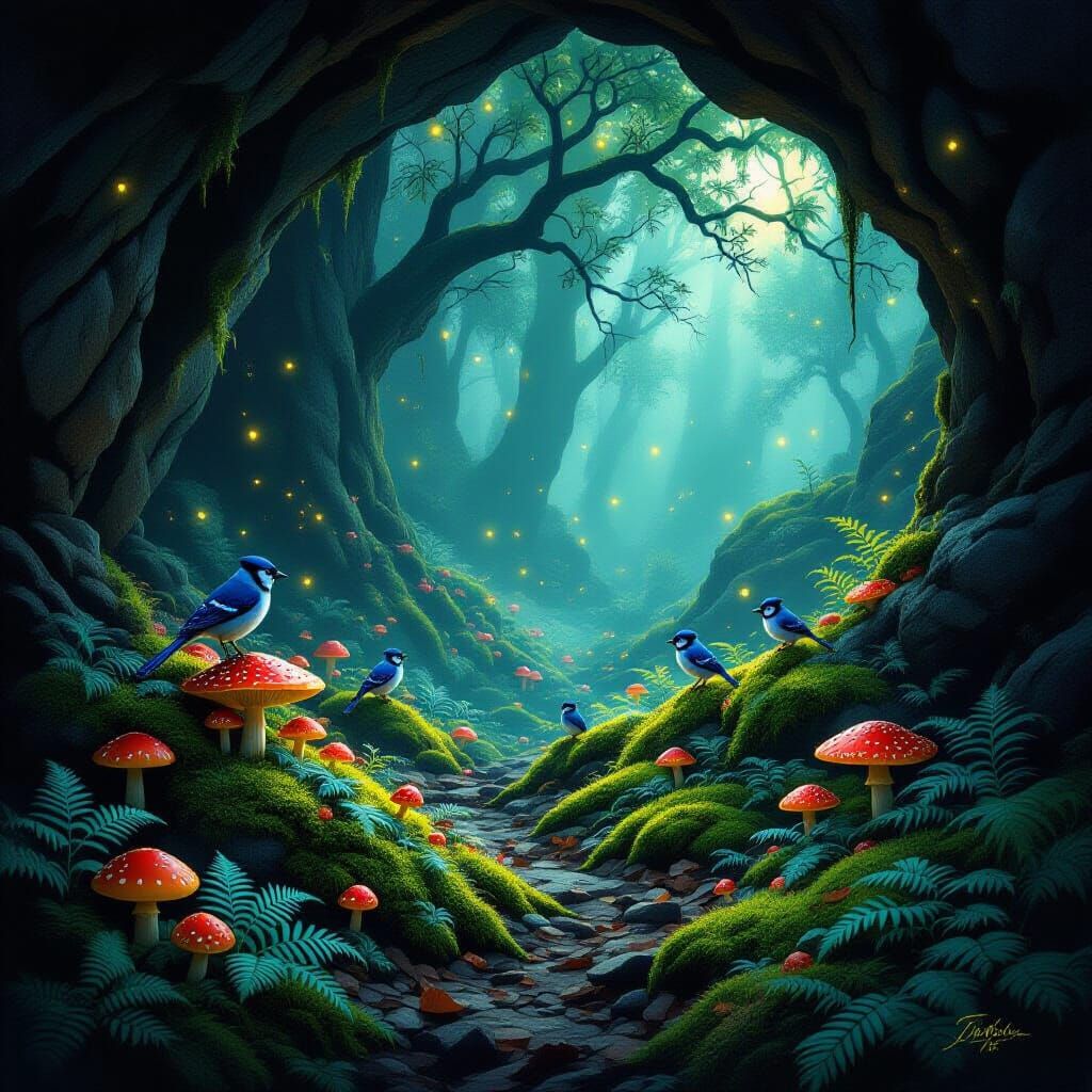 Enchanted Forest Cave with Blue Jays and Fireflies