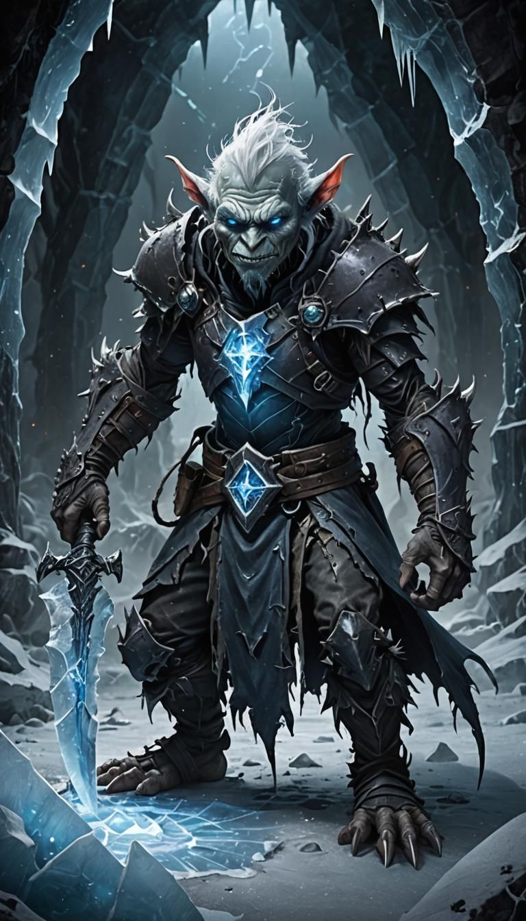 Icy Goblin in Frozen Cavern: Hyperrealistic Splash Art