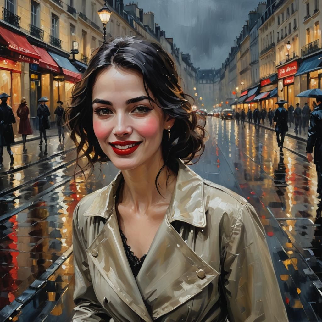 French Woman in Rainy Paris: Impressionist Oil Painting