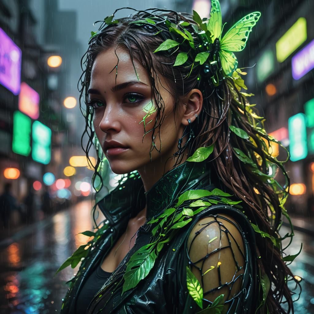 Cyberpunk Girl with Nature Powers in Rainy City