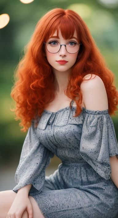 cartoon style, a cute looking shy stunningly of a cute redhead girl, medium length curly hair, bangs, glasses, impasto b...