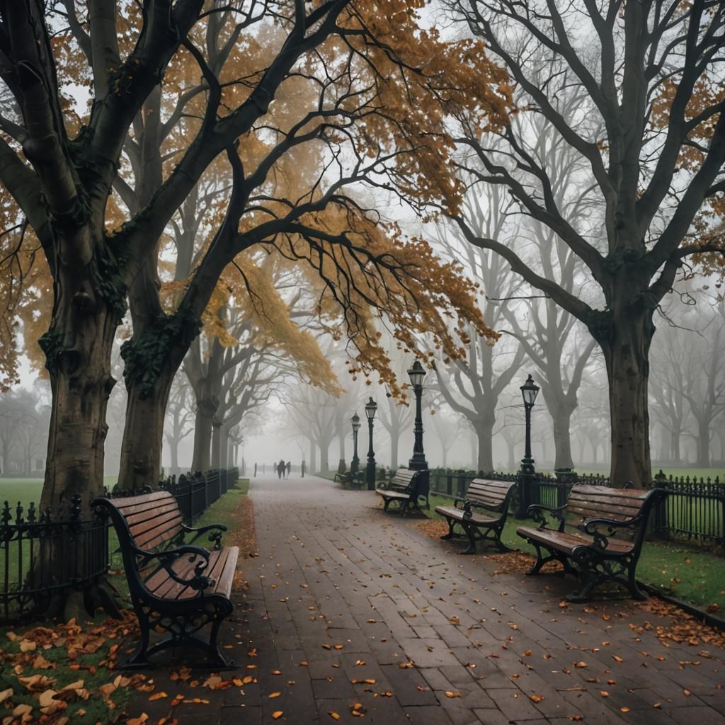 Gothic Victorian Park in Autumn Mist