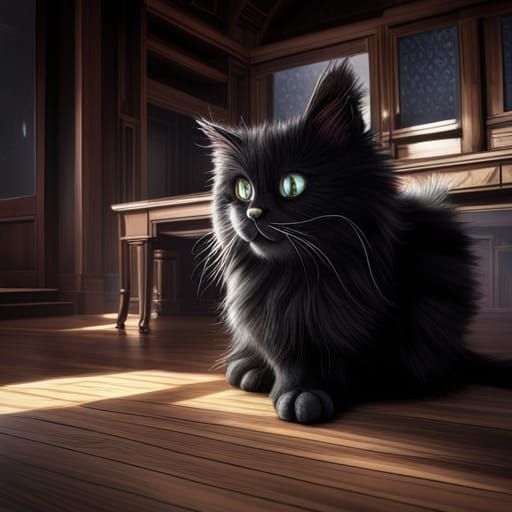 Fluffy Black Cat in Dark Fantasy, 8K Resolution