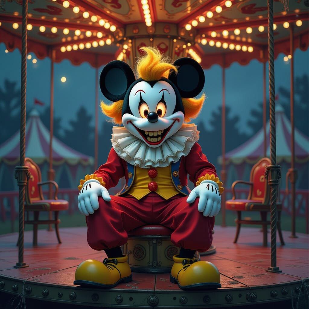 Creepy Clown Mickey Mouse on Broken Carousel at Night