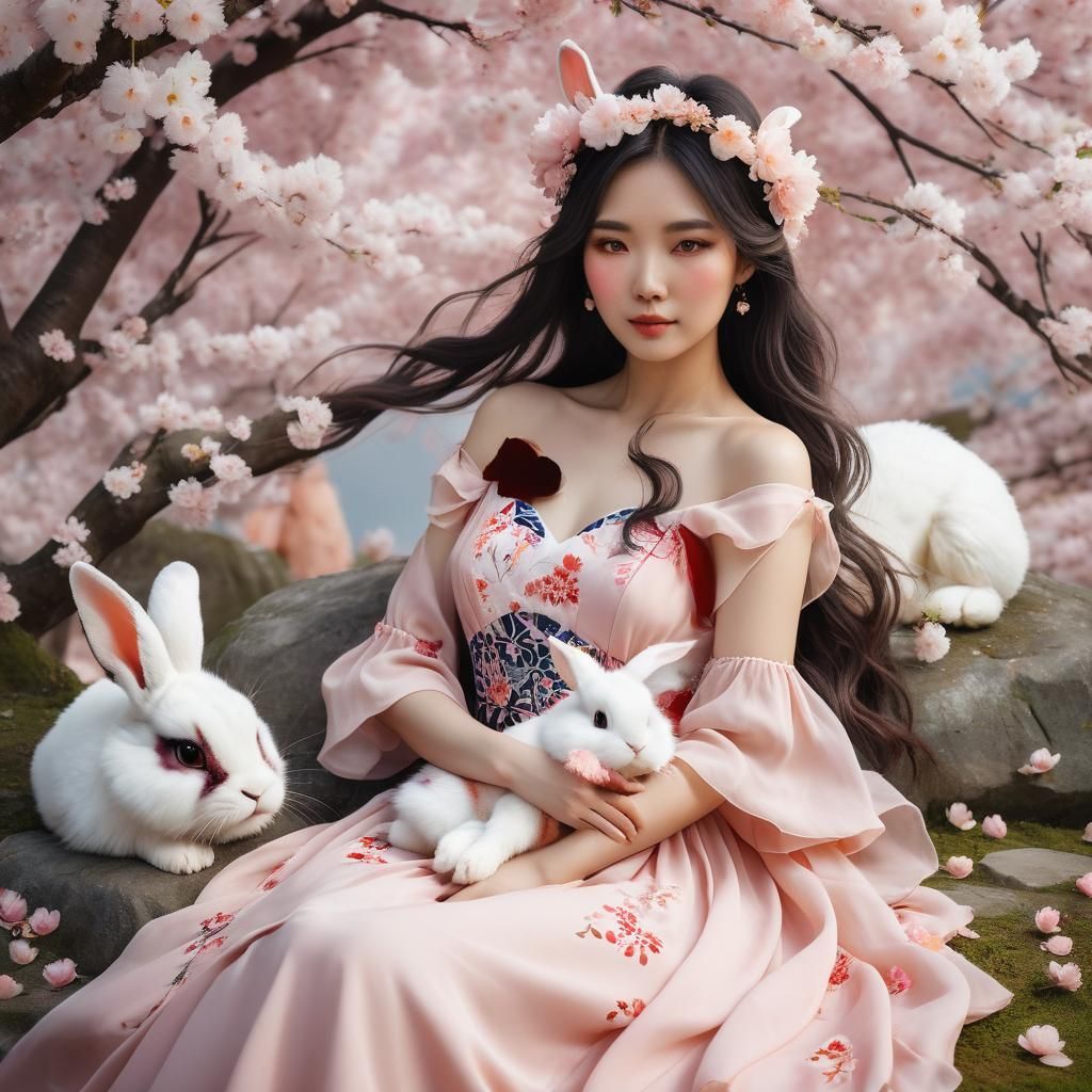 Enchanting Scene: Woman, Rabbit, and Cherry Blossoms